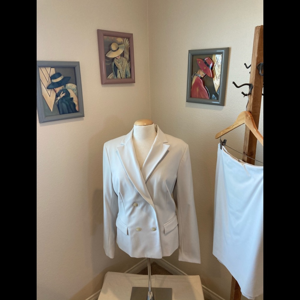 NEW. Double breasted jacket with pencil skirt waist 36” w to hem 22”.